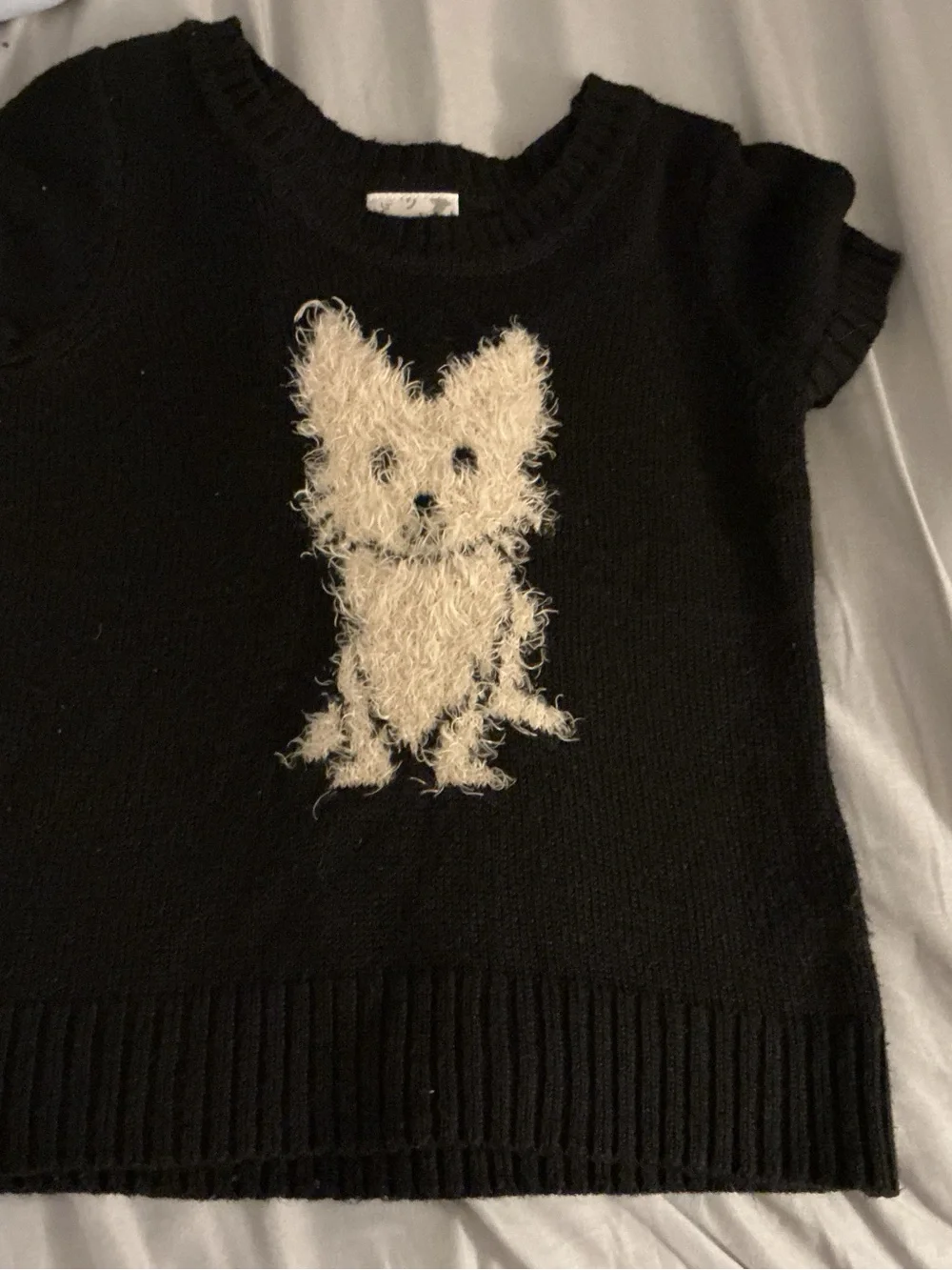 Justice Black Short-Sleeve Sweater with Cream Fuzzy Dog Motif